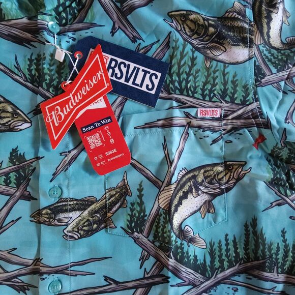 RSVLTS Budweiser Shirt Mens Size Medium M Fishing Bass All Over Kunuflex NWT - Picture 3 of 14